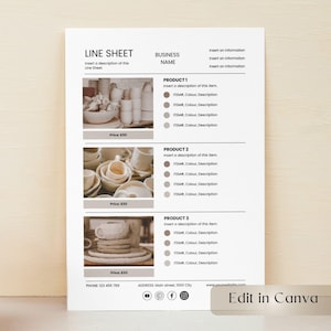 May include: A white line sheet template with product images and descriptions. The sheet includes sections for product details, with placeholders for item numbers, colors, and descriptions. The bottom of the sheet includes contact information and social media icons.