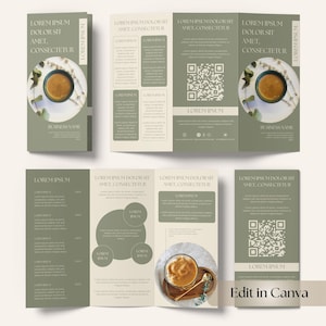 Puede incluir: Diseño de folleto con una combinación de colores verde salvia y crema. El folleto presenta texto, un código QR e imágenes de café. El texto incluye "Lorem Ipsum" y "Business Name". La frase "Edit in Canva" también es visible.