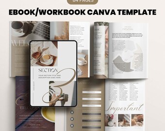 May include: A digital mockup of an 84-page ebook or workbook template designed for Canva. The template features a minimalist aesthetic with a brown and white color scheme. The cover page includes a section title, a description, and a stylized graphic of a coffee cup and pastry. The template is editable and includes instant download and private label rights (PLR).