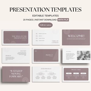 Könnte beinhalten: Ein Satz von 20 Präsentationsvorlagen mit minimalistischem Design, die einen hellbraunen Hintergrund mit weißen und grauen geometrischen Formen aufweisen. Der Text "PRESENTATION TEMPLATES" befindet sich oben im Bild. Der Text "EDITABLE TEMPLATES" befindet sich unter dem Titel. Der Text "20 PAGES | INSTANT DOWNLOAD | WITH PLR" befindet sich unter dem Untertitel. Der Text "Edit in Canva" befindet sich in einer Schaltfläche unter dem vorherigen Text. Das Bild zeigt eine Vielzahl von Folien mit unterschiedlichen Layouts und Inhalten. Einige der Folien enthalten Text, Bilder und Diagramme. Die Folien sind für Geschäftspräsentationen, Marketingpräsentationen und andere Arten von Präsentationen konzipiert.