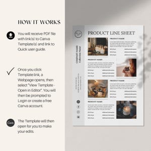 Puede incluir: Una plantilla de hoja de l&iacute;nea de productos con un dise&ntilde;o minimalista. La hoja incluye secciones para nombres de productos, descripciones y precios. La imagen tambi&eacute;n muestra instrucciones sobre c&oacute;mo usar la plantilla de Canva.