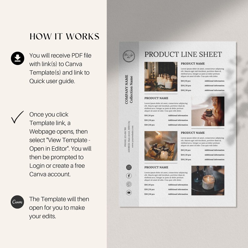 Puede incluir: Una plantilla de hoja de l&iacute;nea de productos con un dise&ntilde;o minimalista. La hoja incluye secciones para nombres de productos, descripciones y precios. La imagen tambi&eacute;n muestra instrucciones sobre c&oacute;mo usar la plantilla de Canva.