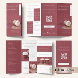 Puede incluir: Diseño de folleto en tonos burdeos y blanco, con una taza de café, una tabla de madera y texto. El folleto se muestra abierto y cerrado, con las palabras "Edit in Canva" en la parte inferior.