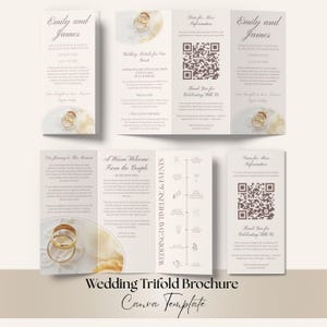 Op de afbeelding: Een beige trouwfolder sjabloon met de namen "Emily and James" in elegant schrift. De brochure bevat huwelijksdetails, een tijdlijn en QR-codes. De woorden "Wedding Trifold Brochure Canva Template" staan onderaan.