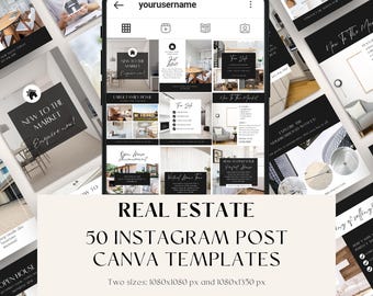 50 Real Estate Instagram Post Templates Editable Canva Templates for Real Estate Agents, Social Media Marketing Luxury Real Estate Marketing