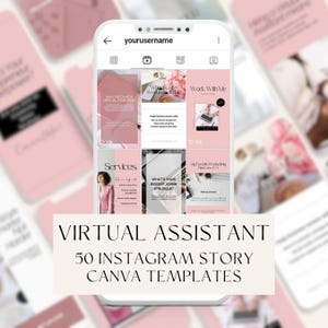 以下が含まれることがあります： スマートフォン画面に表示されたInstagramのプロフィール。ピンクと白のストーリーテンプレートのグリッドが表示されています。「VIRTUAL ASSISTANT 50 INSTAGRAM STORY CANVA TEMPLATES」のテキストが薄いベージュ色のバナーに重ねられています。テンプレートは、バーチャルアシスタントサービスを紹介しています。