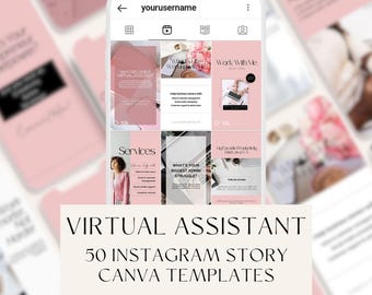 Op de afbeelding: Een smartphone toont een Instagram-profiel met een raster van roze en witte story-sjablonen. De tekst "VIRTUAL ASSISTANT 50 INSTAGRAM STORY CANVA TEMPLATES" staat op een lichtbeige banner. De sjablonen tonen virtuele assistent-diensten.