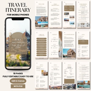 Könnte beinhalten: Ein digitales Mockup eines Handybildschirms, auf dem ein Reiseplan für eine 4-tägige Reise nach Italien angezeigt wird. Der Reiseplan umfasst eine Willkommensseite, grundlegende Informationen, einen Reiseüberblick, ein Inhaltsverzeichnis, Hotels, Unterkünfte und einen Tagesplan für jeden Tag der Reise. Der Reiseplan ist in einem minimalistischen Stil mit einem braunen und beigefarbenen Farbschema gestaltet.