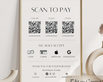 Editable Scan to Pay Sign QR Code Sign Template Canva, Printable Payment Sign, Accepted Payments Sign, Customizable DIY, CashApp Venmo Sign