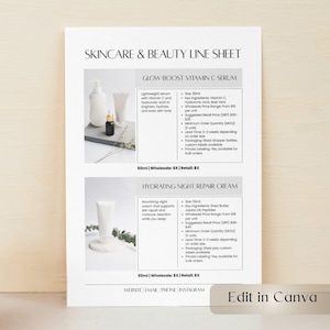 May include: A skincare and beauty line sheet with product details. The sheet includes information on a Glow Boost Vitamin C Serum and a Hydrating Night Repair Cream, with details on size, ingredients, and wholesale pricing.