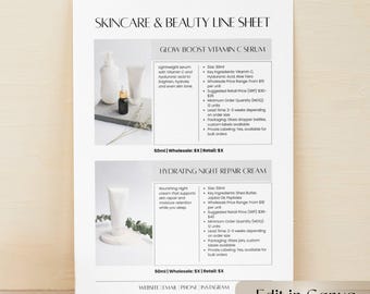 Skincare Line Sheet Canva Template, Beauty Product Catalog, One Page A4 & US Letter, Editable Wholesale Sheet