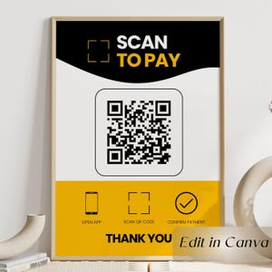 May include: A framed poster with a black, white, and yellow design. The top section reads "SCAN TO PAY" above a QR code. Below, it says "OPEN APP", "SCAN QR CODE", and "CONFIRM PAYMENT". The words "THANK YOU" are at the bottom.