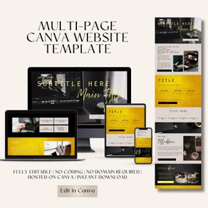 May include: A multi-page Canva website template displayed on a laptop, tablet, desktop monitor, and smartphone. The design features gold and black elements with the text "SUBTITLE HERE" and "Main Title Here". The template is fully editable and hosted on Canva.