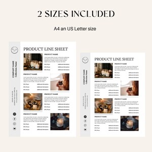 Puede incluir: Dos hojas de l&iacute;nea de productos, una A4 y otra tama&ntilde;o carta estadounidense, con un dise&ntilde;o minimalista. Las hojas presentan el texto "PRODUCT LINE SHEET" e incluyen secciones para nombres de productos, descripciones y precios. El dise&ntilde;o incorpora im&aacute;genes de velas y otros art&iacute;culos de decoraci&oacute;n del hogar.