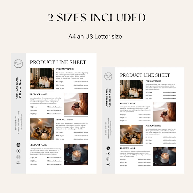Puede incluir: Dos hojas de l&iacute;nea de productos, una A4 y otra tama&ntilde;o carta estadounidense, con un dise&ntilde;o minimalista. Las hojas presentan el texto "PRODUCT LINE SHEET" e incluyen secciones para nombres de productos, descripciones y precios. El dise&ntilde;o incorpora im&aacute;genes de velas y otros art&iacute;culos de decoraci&oacute;n del hogar.