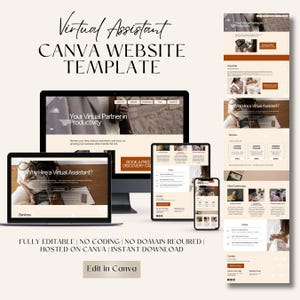 May include: A digital mockup of a website template for a virtual assistant, displayed on a laptop, desktop monitor, tablet, and smartphone. The design features a neutral color palette with text that reads "Virtual Assistant CANVA WEBSITE TEMPLATE."