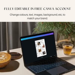 Puede incluir: Un port&aacute;til que muestra una plantilla de hoja de l&iacute;nea de productos, con el texto "FULLY EDITABLE IN FREE CANVA ACCOUNT". El port&aacute;til est&aacute; sobre una superficie blanca, con un cuenco de madera, una vela y un vaso de bebida cerca.