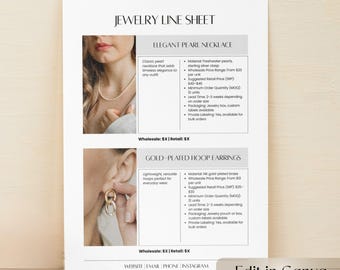 Modèle de toile de feuille de ligne de bijoux, liste de prix modifiable pour le catalogue de gros, téléchargement numérique, conception personnalisable