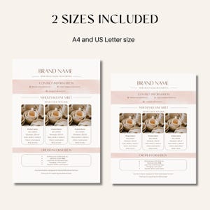 May include: Two printable wholesale line sheets in A4 and US Letter sizes. The sheets have a soft pink and beige color scheme. The text includes "Brand Name", "Contact Information", and "Wholesale Line Sheet". The sheets feature images of ceramic bowls.