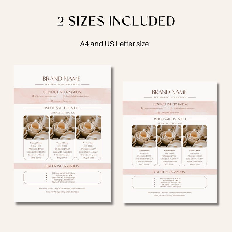 May include: Two printable wholesale line sheets in A4 and US Letter sizes. The sheets have a soft pink and beige color scheme. The text includes "Brand Name", "Contact Information", and "Wholesale Line Sheet". The sheets feature images of ceramic bowls.