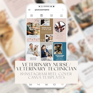 Könnte beinhalten: Ein Smartphone-Bildschirm zeigt einen Instagram-Feed mit Reel-Covern zum Thema Veterinärmedizin. Die Cover zeigen Bilder von Haustieren, Tierärzten und Text wie "Was ein Tierarzt wirklich tut". Der Text unten lautet "Veterinärmedizinische Fachangestellte/Tierärztin 19 Instagram Reel Cover Canva Vorlagen".