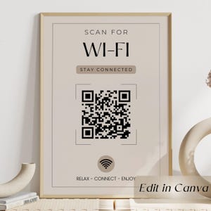 May include: Framed beige print with the words "SCAN FOR WI-FI" and a QR code. Below the QR code is a Wi-Fi symbol and the text "RELAX - CONNECT - ENJOY". The phrase "STAY CONNECTED" is above the QR code.