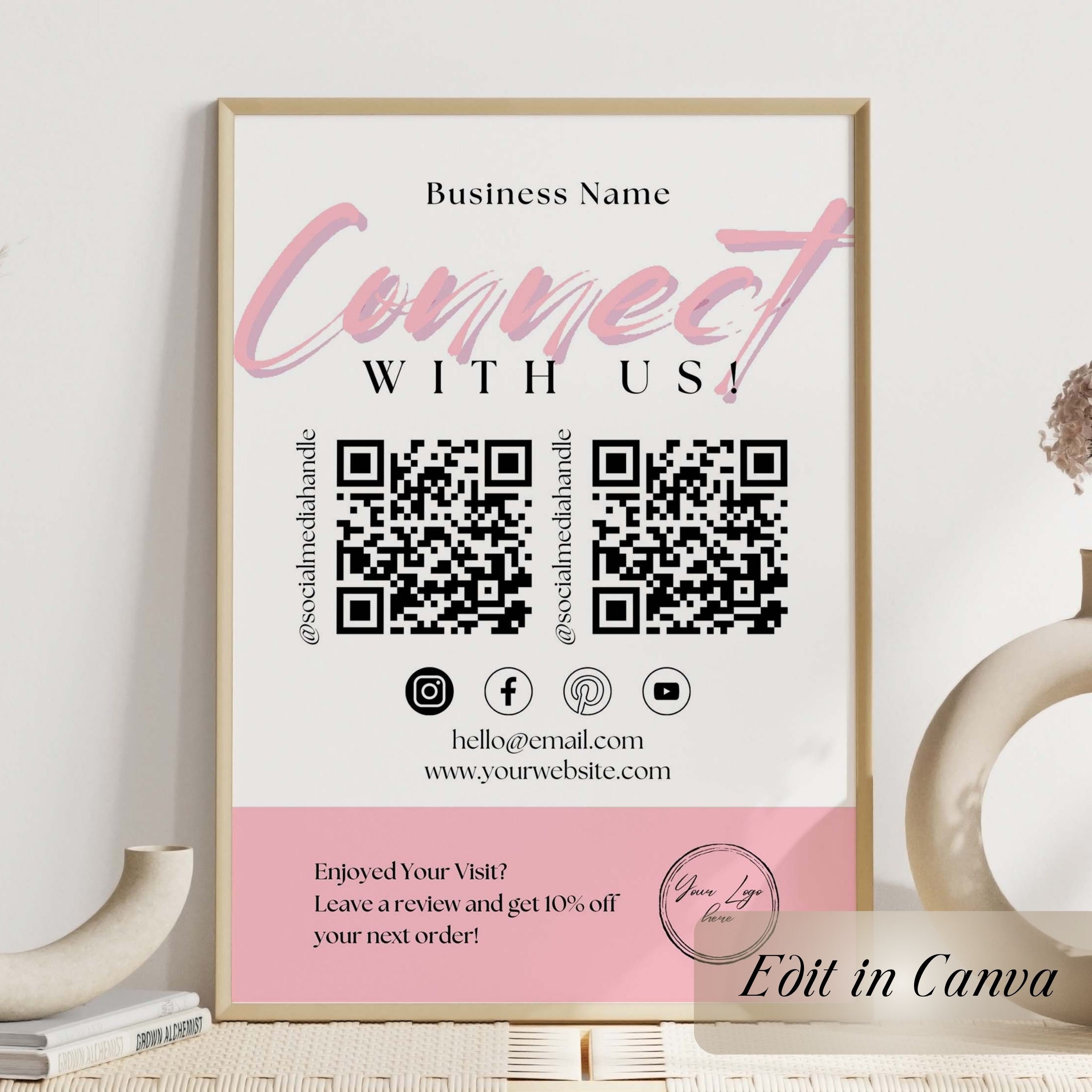 Social Media Sign Template QR Code Canva, Printable Connect With Us Social Media Follow Us QR Code, Editable Small Business Socials Sign
