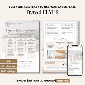 May include: A two-page travel flyer template with a beach background. The flyer includes information about a 3-day journey, pricing options, and contact information. The text on the flyer reads "Explore. Discover. Unwind. Embark on an Unforgettable 3 Day Journey!" and "The Perfect Getaway. This travel plan is designed for adventurers and relaxation-seekers.  Get ready to immerse yourself in cultural experiences, every trip promises lasting memories."