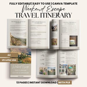 May include: A printable travel itinerary template for a weekend getaway. The template is designed in a light brown and white color scheme with images of a Tuscan landscape. The text on the cover reads "Weekend Escape The Ultimate Getaway Itinerary".