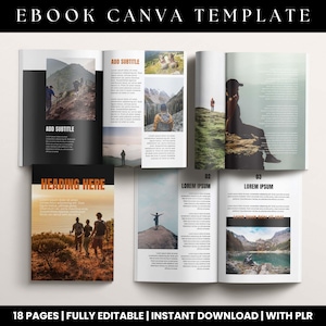 Puede incluir: Una plantilla de libro electrónico abierta con un diseño en blanco y negro. Las páginas presentan fotos de paisajes y marcadores de posición de texto. La portada dice "HEADING HERE". La parte superior de la imagen dice "EBOOK CANVA TEMPLATE". La parte inferior de la imagen dice "18 PAGES | FULLY EDITABLE | INSTANT DOWNLOAD | WITH PLR".