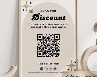 Retro kortingsbord canvassjabloon, bewerkbare QR-codeposter, vintage zakelijke flyer, afdrukbare verkooppromotie, aanpasbare digitale download