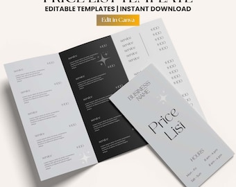 Plantilla de Canva para lista de precios de tríptico, plantilla de folleto comercial, lista de precios de salón de belleza, imprimibles comerciales, letrero con código QR, síguenos