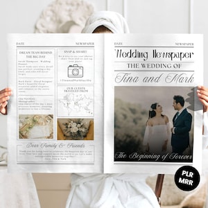 May include: A wedding newspaper with the headline "Wedding Newspaper" and the text "The Wedding of Tina and Mark." The newspaper includes photos, text, and a world map graphic. The words "The Beginning of Forever" are also visible.