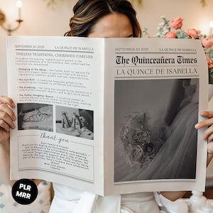 May include: A newspaper-style announcement titled "The Quinceañera Times" with the headline "La Quince de Isabella" and the date September 20, 2025. The text describes traditional elements of a Quinceañera, including the changing of shoes and the father-daughter dance.