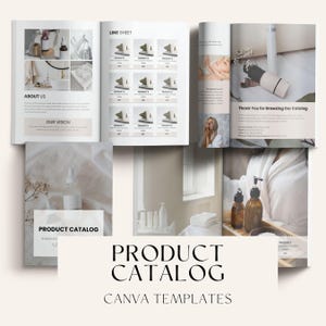 Catálogo de productos, plantillas de Canva para hojas de línea, catálogo de venta al por mayor editable, hoja de precios, tamaños A4 y carta (EE. UU.), diseño limpio, fácil de editar.