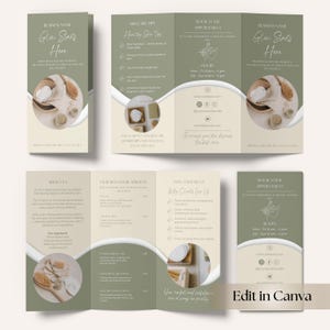 Op de afbeelding: Een drievoudige brochure in groen en beige, die huidverzorgingsdiensten promoot. De voorkant luidt "Glow Starts Here". Binnenin staan huidverzorgingstips en afspraakdetails. Het ontwerp bevat afbeeldingen van huidverzorgingsproducten en een borstel.