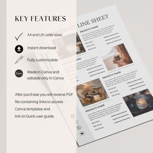 Puede incluir: Una plantilla de hoja de l&iacute;nea de productos con el texto "PRODUCT LINE SHEET" y "PRODUCT NAME". La plantilla es totalmente personalizable, disponible en tama&ntilde;os A4 y US Letter, y hecha en Canva. Descarga instant&aacute;nea.