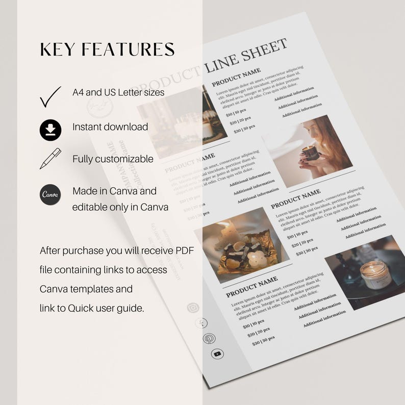 Puede incluir: Una plantilla de hoja de l&iacute;nea de productos con el texto "PRODUCT LINE SHEET" y "PRODUCT NAME". La plantilla es totalmente personalizable, disponible en tama&ntilde;os A4 y US Letter, y hecha en Canva. Descarga instant&aacute;nea.