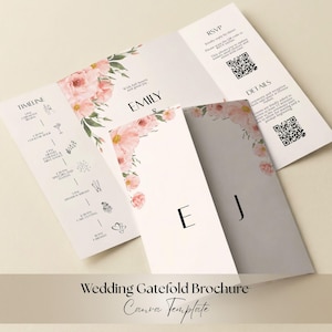 May include: A white wedding gatefold brochure with a floral design and the names "Emily & J". The brochure includes a timeline, RSVP information, and details. The text "Wedding Gatefold Brochure Canva Template" is also visible.