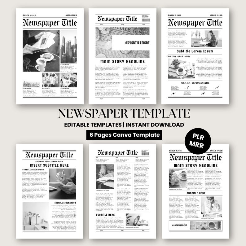 Subtitle In Newspaper Example Editable Retro Newspaper Template MRR PLR, Editable Canva Template, A4 ...