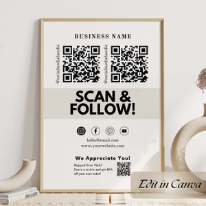 Plantilla de póster "Síguenos", letrero imprimible para redes sociales de Canva, letrero para pequeñas empresas, letrero con código QR, letrero de Instagram, síguenos, edita con Canva