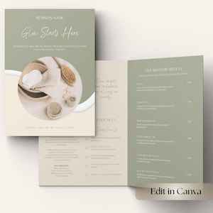 May include: A brochure in sage green and cream. The cover reads "Glow Starts Here" with skincare products pictured. The brochure is open, displaying service details and the text "Edit in Canva".