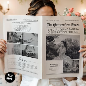 Puede incluir: Una persona sostiene un periódico titulado "The Quinceañera Times". El periódico presenta fotos y texto sobre una celebración de quinceañera, incluyendo "Fun Facts About Valeria" y "A Night to Remember".