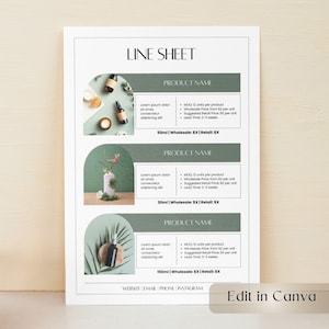 Può includere: Un foglio di linea di prodotti con un design minimalista. Il foglio presenta tre sezioni con nomi di prodotti, descrizioni e specifiche. Il foglio include il testo "LINE SHEET", "PRODUCT NAME" e "Edit in Canva".