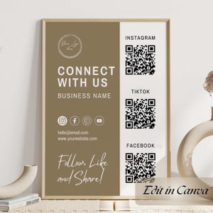 Social Media Sign Template, QR Code Sign, Editable Small Business Sign Printable, Instagram Facebook Follow Us Sign on social media