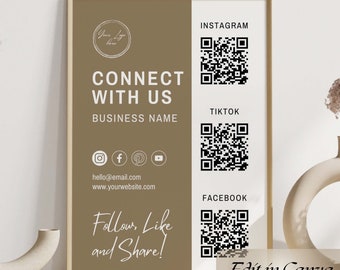 Social Media Sign Template, QR Code Sign, Editable Small Business Sign Printable, Instagram Facebook Follow Us Sign on social media