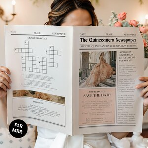 以下が含まれることがあります： 「The Quinceañera Newspaper」というタイトルの新聞を広げている人。新聞にはクロスワードパズル、お姫様の物語、そしてQuinceañeraのお祝いの「Save the Date！」への招待状が掲載されています。