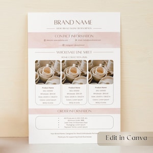 May include: A wholesale line sheet with a light pink header and footer, featuring product images of ceramic cups and bowls. The sheet includes contact information, product details, and order information. The text "Edit in Canva" is visible.