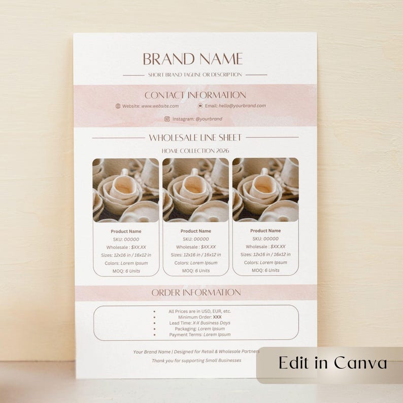 May include: A wholesale line sheet with a light pink header and footer, featuring product images of ceramic cups and bowls. The sheet includes contact information, product details, and order information. The text "Edit in Canva" is visible.