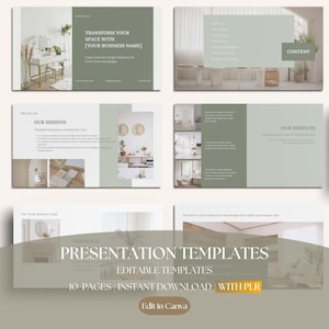 May include: Presentation templates for interior design businesses. The templates feature a green and white colour scheme with images of modern interior design spaces. The text on the slides includes "Transform Your Space With [Your Business Name]" and "Our Mission".